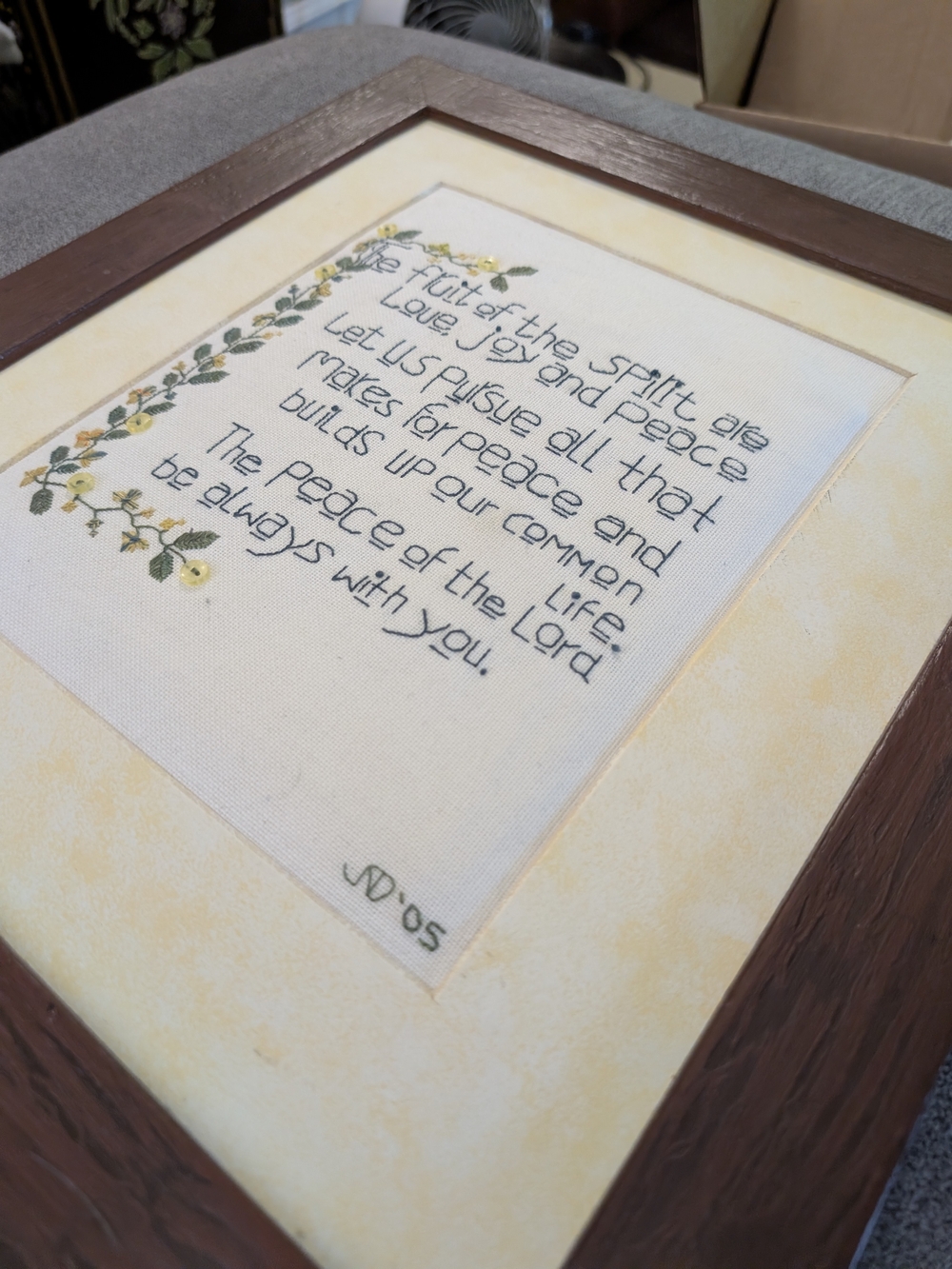 Framed Cross Stitch Blessing with Yellow Floral Border